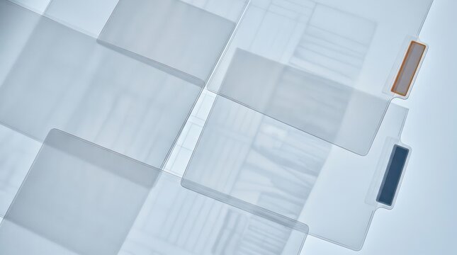 Layered frosted document sleeves with muted index tabs for compliance review records management background with soft copy space
