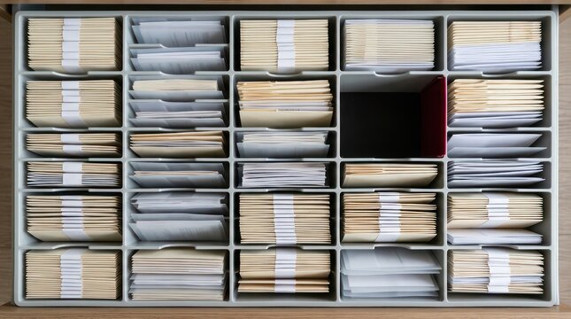 Organized file drawer grid with paper packets and red pending review marker for records management compliance audit administration background