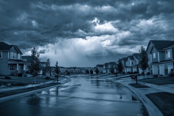 Obraz premium Approaching storm clouds above a row of suburban homes and wet streets