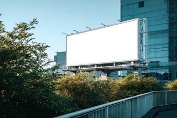 Obraz premium Blank outdoor banner mockup atop a contemporary building with trees