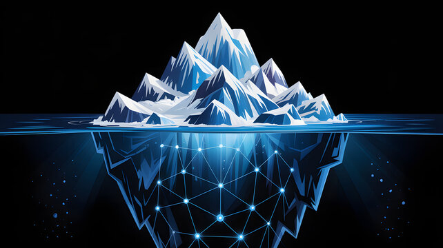 Iceberg: An ethereal illustration of an iceberg with its submerged portion revealing a network of interconnected points, symbolizing hidden depths and complex systems.