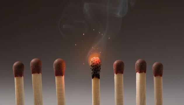 Burning match among unlit matchsticks aligned upright in dark background illustrating contrast concept for leadership, risk awareness, and individuality representation