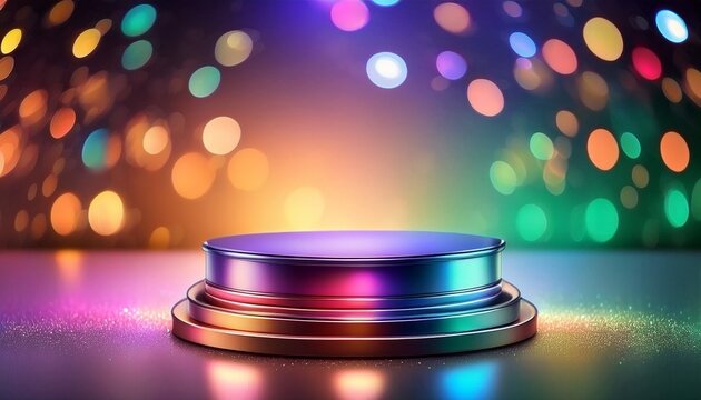 a colorful 3d podium with a shiny surface and bokeh lights in the background for a product showcase or presentation
