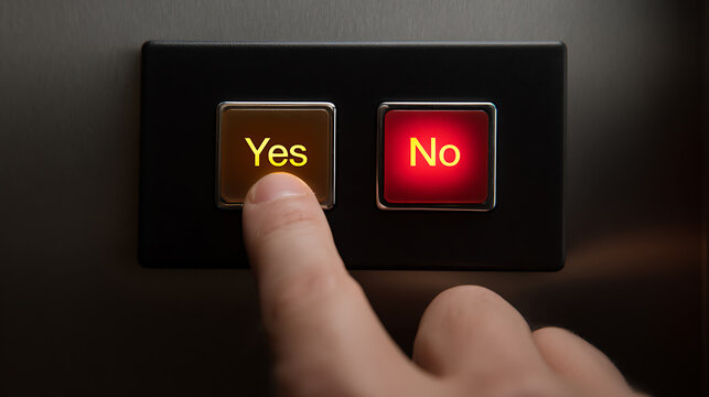 Close-up of a human finger pressing a brightly lit 'Yes' button, next to a red 'No' button, symbolizing choice, decision, and selection