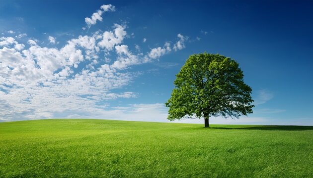 a solitary elm tree on a rolling green meadow under a bright sky with scattered clouds symbolizing peace and solitude