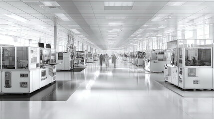 Fototapeta premium People in specialized suits are walking through a sterile, high tech manufacturing cleanroom facility, featuring advanced machinery and equipment for precision production in a controlled environment