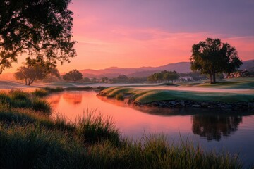 Obraz premium Golden Hour Golf: Serene Sunrise Course with Rolling Greens and Tranquil Light
