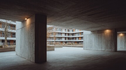 Naklejka premium Concrete pillars and textured walls frame a minimalist brutalist courtyard, highlighting geometric facades, raw surfaces and stark light and shadow in an urban residential setting