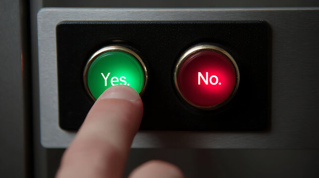 Finger press illuminated green "Yes" button on control panel, concept of approval, agreement, positive choice, accept, and confirmation