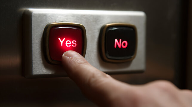Finger press red illuminated Yes button, indicating confirmation, agreement, or decisive action on a control panel with a No option