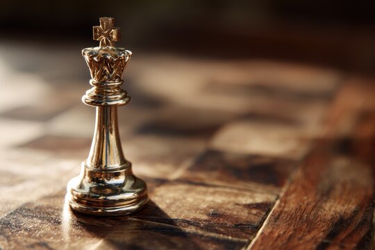 Golden bishop on a wooden chessboard bathed in warm light, a close-up study