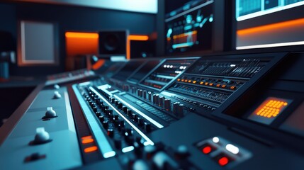 Naklejka premium Studio sound engineering equipment featuring an audio mixer with glowing interfaces and displays, creating a modern and advanced environment for music production