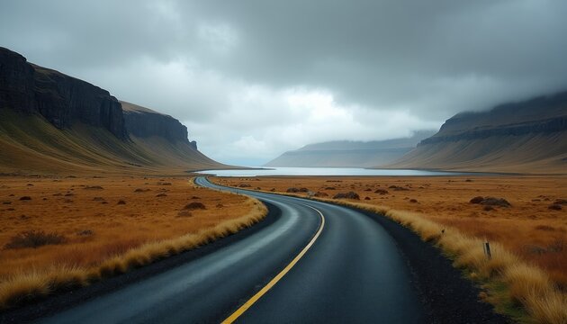 Empty asphalt road curves through dry grass valley toward lake. Steep hills loom under cloudy, overcast sky. Dramatic, remote Icelandic nature landscape beckons exploration.