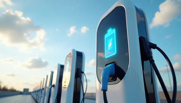 Electric vehicle charging stations stand in a row under a blue sky with clouds. Cars connect to power plugs for green energy. This scene shows future transport infrastructure.