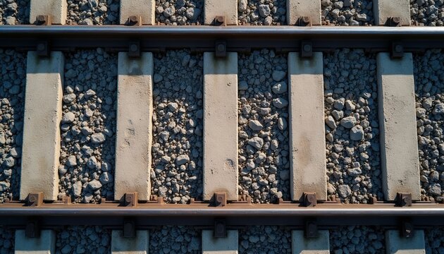 Overhead view of parallel railroad tracks with concrete sleepers and ballast stones. Steel rails show perspective toward the horizon. Industrial transport infrastructure texture.