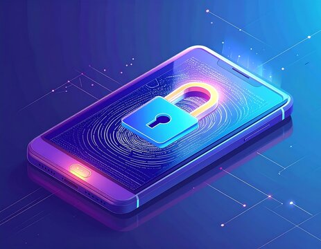 Isometric view shows a smartphone with a padlock. Circuit lines emanate from the phone on a gradient blue background