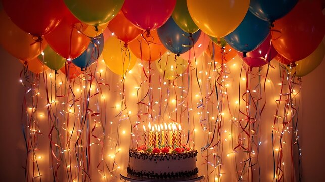 A joyful birthday setup featuring a centerpiece cake topped with sparkling candles, encircled by an explosion of multicolored helium balloons rising toward the ceiling, illuminated by warm party light