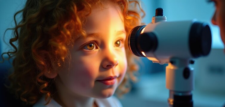 Young child with curly hair on an eye exam with a doctor. The child looks into an ophthalmoscope device. Vision testing for eyesight check in clinic.