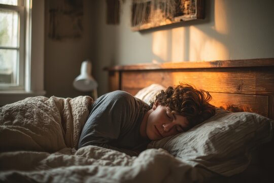 Calm moment: teen resting in a quiet bedroom with soft morning light