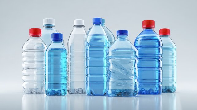 Group of clear plastic beverage bottles in a modern studio-shot display