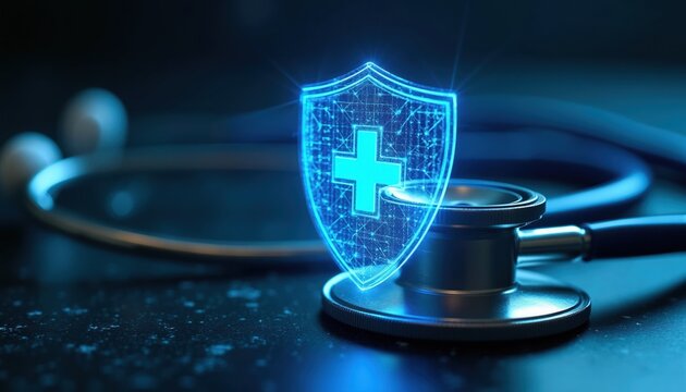 Digital medical shield protects stethoscope and health data. Cyber security concept for patient safety and clinic integrity. Technology guards against risks.