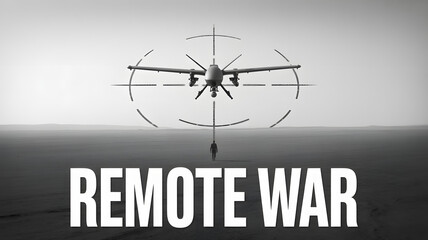 Obraz premium Remote War: a sleek drone is centered in the crosshairs, above bold typography that conveys a narrative of distant conflict, signifying a focus on remote warfare and technology.
