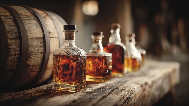 Elegant row of whiskey bottles with amber liquid and wooden oak barrel in premium showroom setup