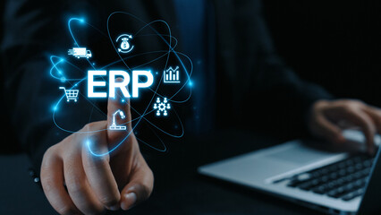 Obraz premium ERP platform visual showing centralized system for enterprise resource planning, improving integration, data flow, business efficiency, finance, inventory, and human resources. Elide