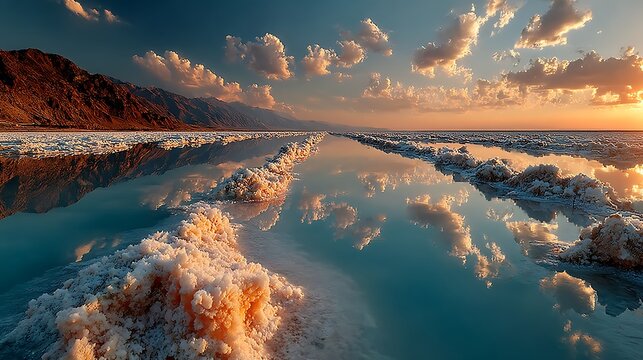 Tranquil white salt flats sunrise sky reflection pictures