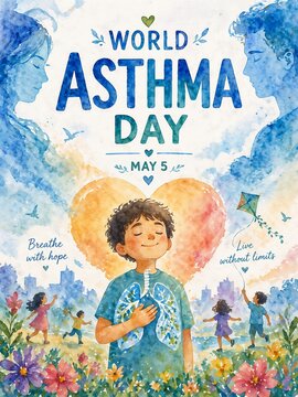 World Asthma Day Watercolor Illustration &ndash; Hope, Breathing Freedom, Lungs Health Awareness, May 5