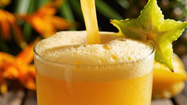 Refreshing Tropical Star Fruit Juice Being Poured into a Glass.