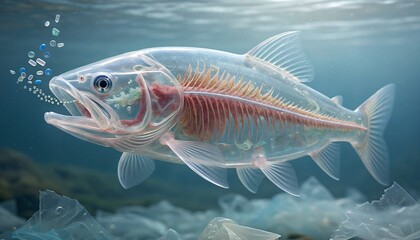 Fototapeta premium Plastic pollution in ocean fish skeleton.
