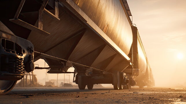Freight train hopper cars roll along dusty tracks at golden hour, evoking industrial logistics, heavy cargo movement and the power of supply chain transportation