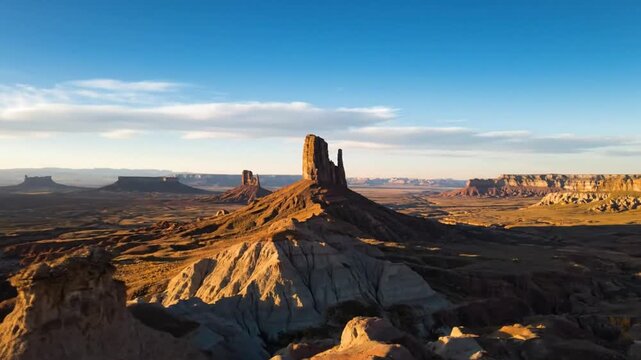Scenic aerial view of buttes and mesas bathed in golden sunlight under a clear blue sky