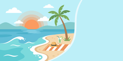 Obraz premium Tropical beach with palm tree, sun, hat and drink on blanket. Summer seaside landscape with copy space for text. Flat vector illustration for travel and vacation advertisement.