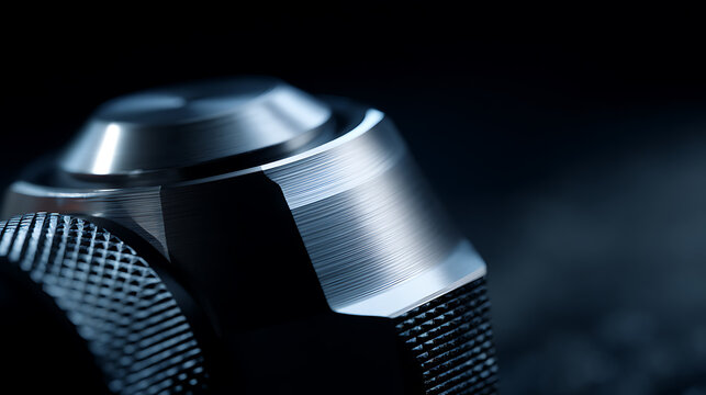 Close-up macro shot of sophisticated metallic machinery, showcasing intricate details, texture, and industrial design with a modern aesthetic