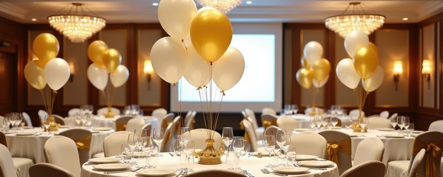 Elegant banquet hall set for celebration with white, gold balloons. Round tables fully set with tableware, chairs dressed in gold sashes. Chandelier lighting illuminates luxurious event space, ready