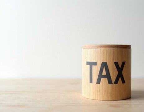 Wooden container with word TAX on its side. Simple object suggests fiscal matters, finance, and money savings. Useful for economic concepts.