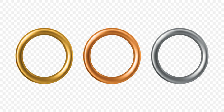Vector 3d Metal Ring Set. Gold Copper and Silver Ring Frames Isolated. Metallic Circle Borders. Round Frame Elements