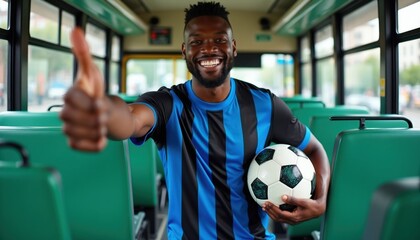 Smiling man in striped jersey holds soccer ball giving thumbs up gesture inside a bus. He looks happy and confident. He is traveling by bus.