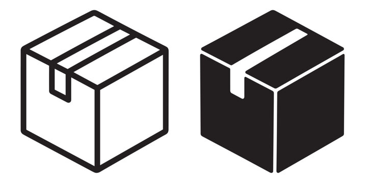 cardboard box icon set, package shipping and delivery symbol with tape, outline and filled vector collection isolated on transparent background