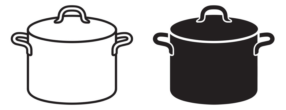cooking pot icon set, kitchen cookware container with lid and handles, outline and filled vector collection isolated on transparent background