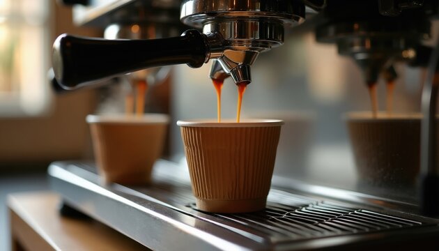 Espresso machine brews hot coffee into disposable cups. Barista prepares takeaway drinks. Fresh hot beverage steam rises. Morning energy for people.
