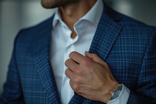 Man adjusting tie in navy suit