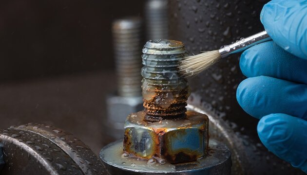 Close-up of gloved hand brushing rusty bolt with wire brush.