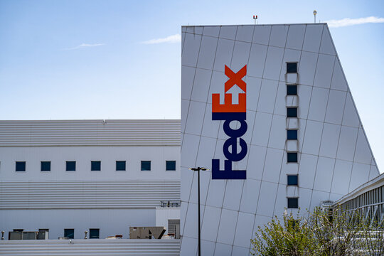 View of FedEx facility building at Toronto Pearson International Airport. Toronto, Canada - April 23, 2026.