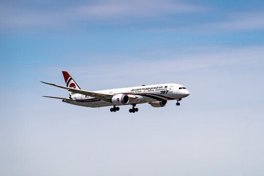 Side view of Biman Bangladesh Airlines Boeing 787 landing in sky. Toronto, Canada - April 23, 2026.