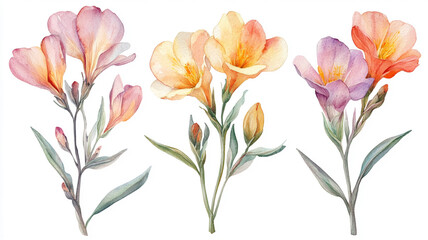 Fototapeta premium Watercolor set of spring freesia flowers isolated on white background Generative AI.