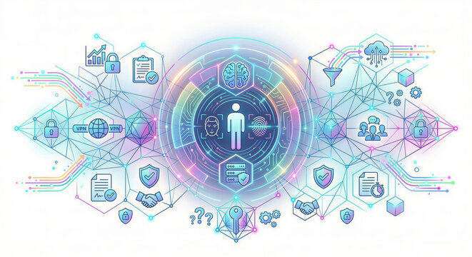A futuristic illustration depicting a person surrounded by various technology and security icons in a digital environment.