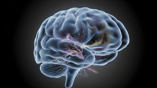 Rotating view of a translucent brain with glowing details, highlighting internal structures on black background